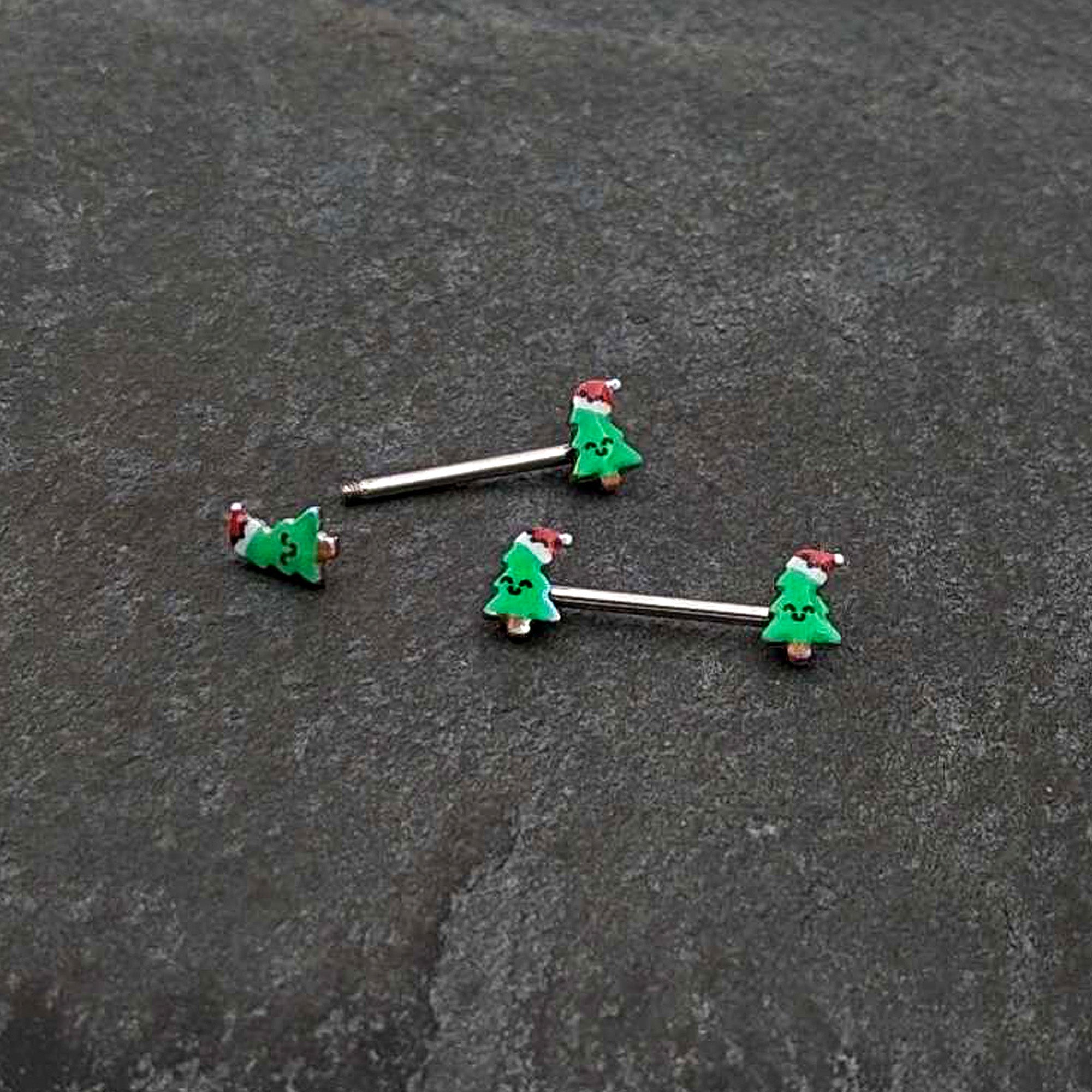 BodyCandy 14G 9/16 Happy Christmas Tree Hat Barbell Nipple Ring Set — back view