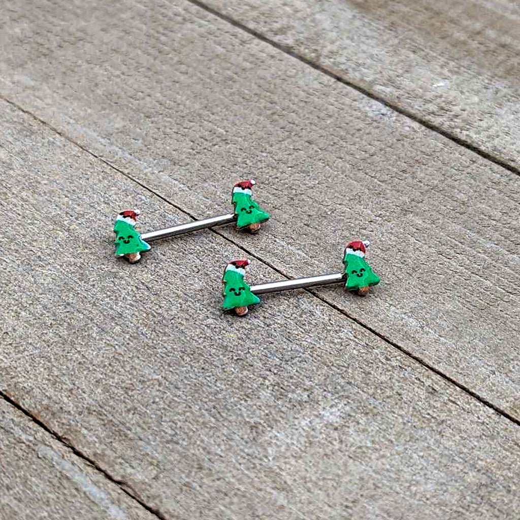 BodyCandy 14G 9/16 Happy Christmas Tree Hat Barbell Nipple Ring Set — alternative angle