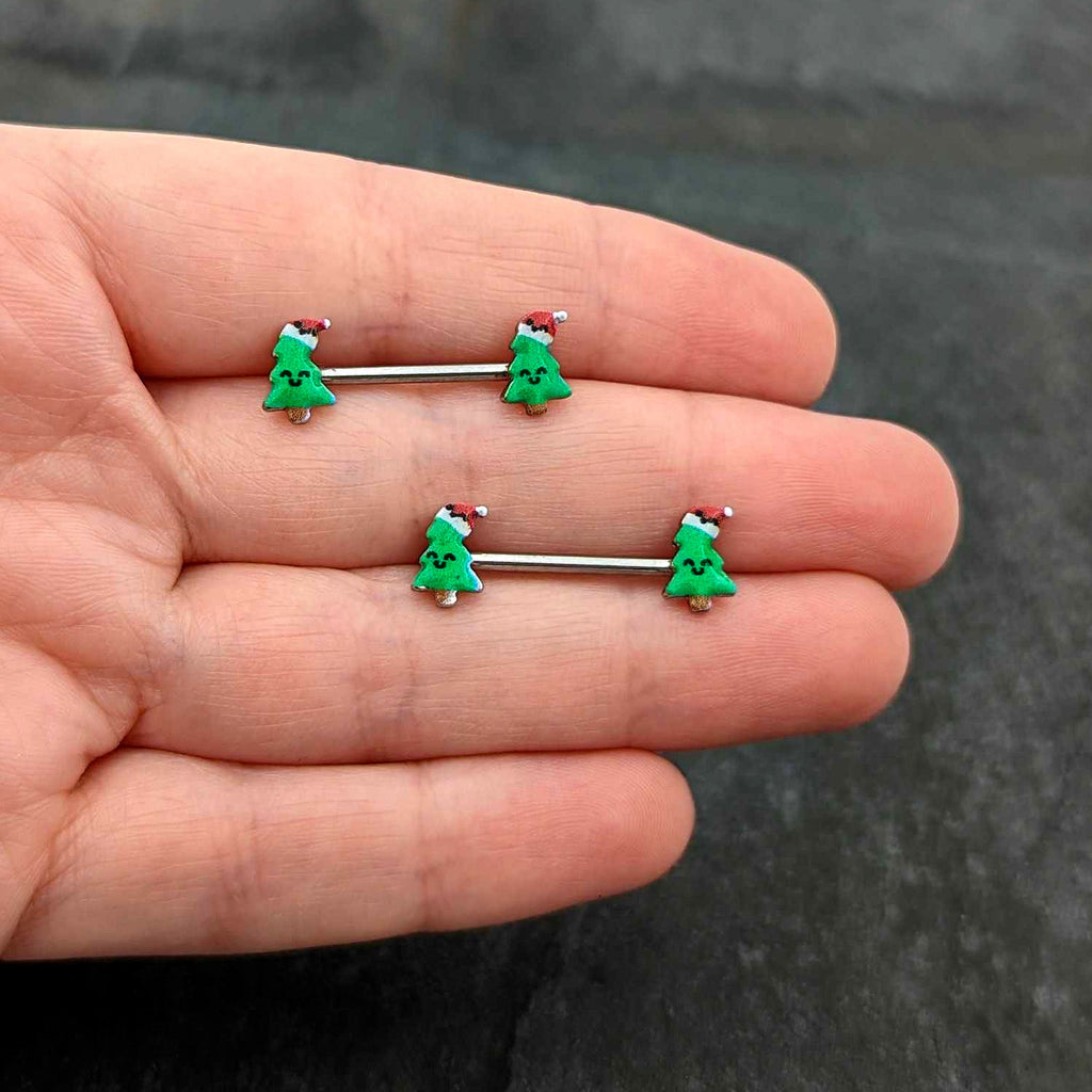 BodyCandy 14G 9/16 Happy Christmas Tree Hat Barbell Nipple Ring Set — size reference