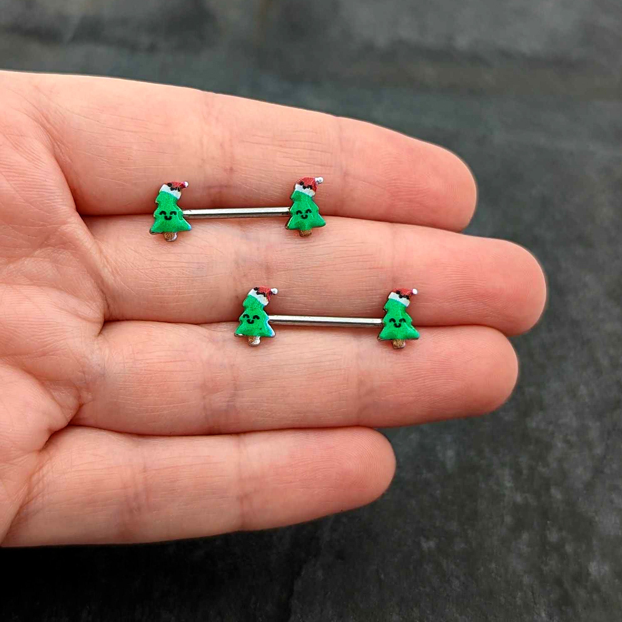 BodyCandy 14G 9/16 Happy Christmas Tree Hat Barbell Nipple Ring Set — size reference