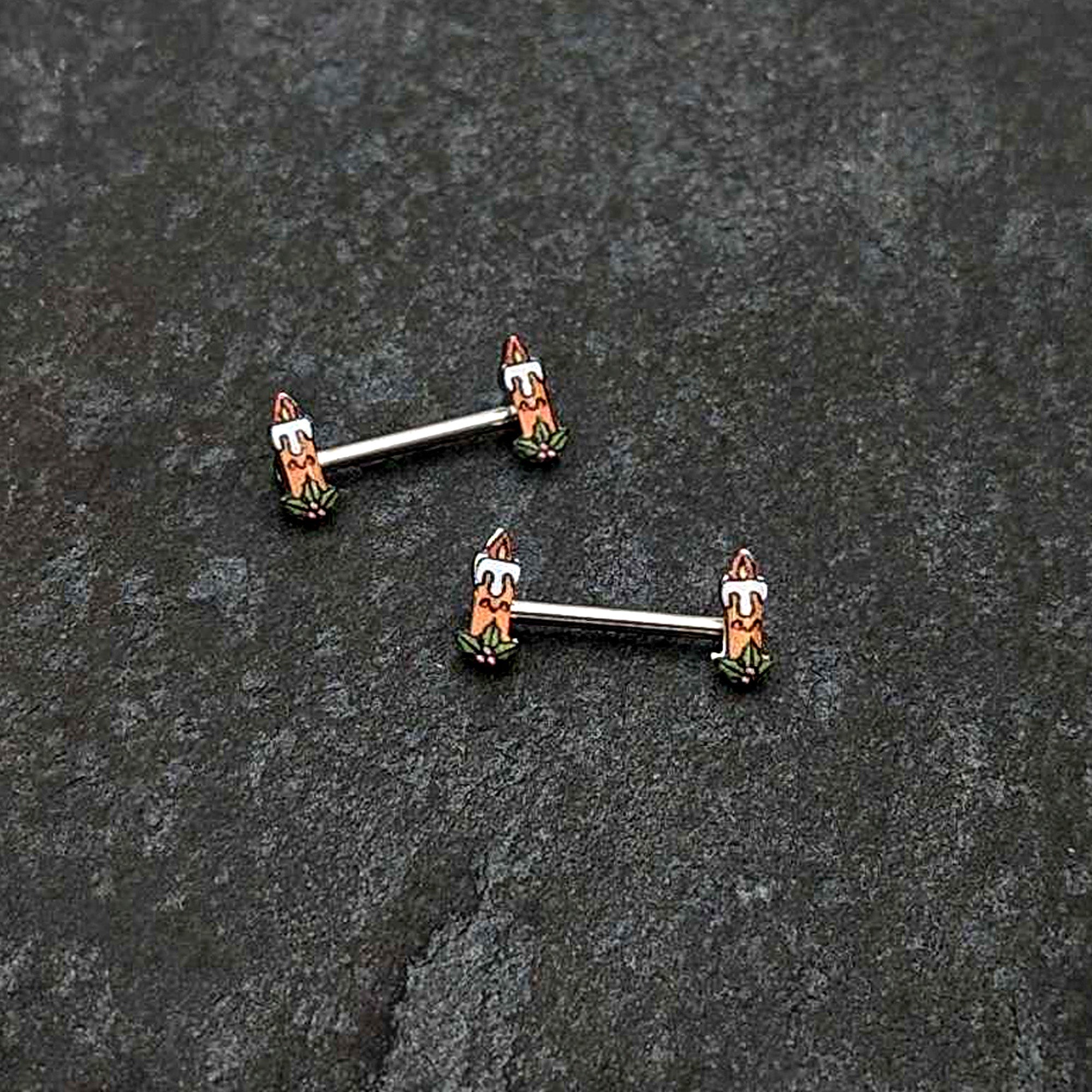 BodyCandy 14G 9/16 Sweet Holiday Christmas Candle Barbell Nipple Ring Set — side view