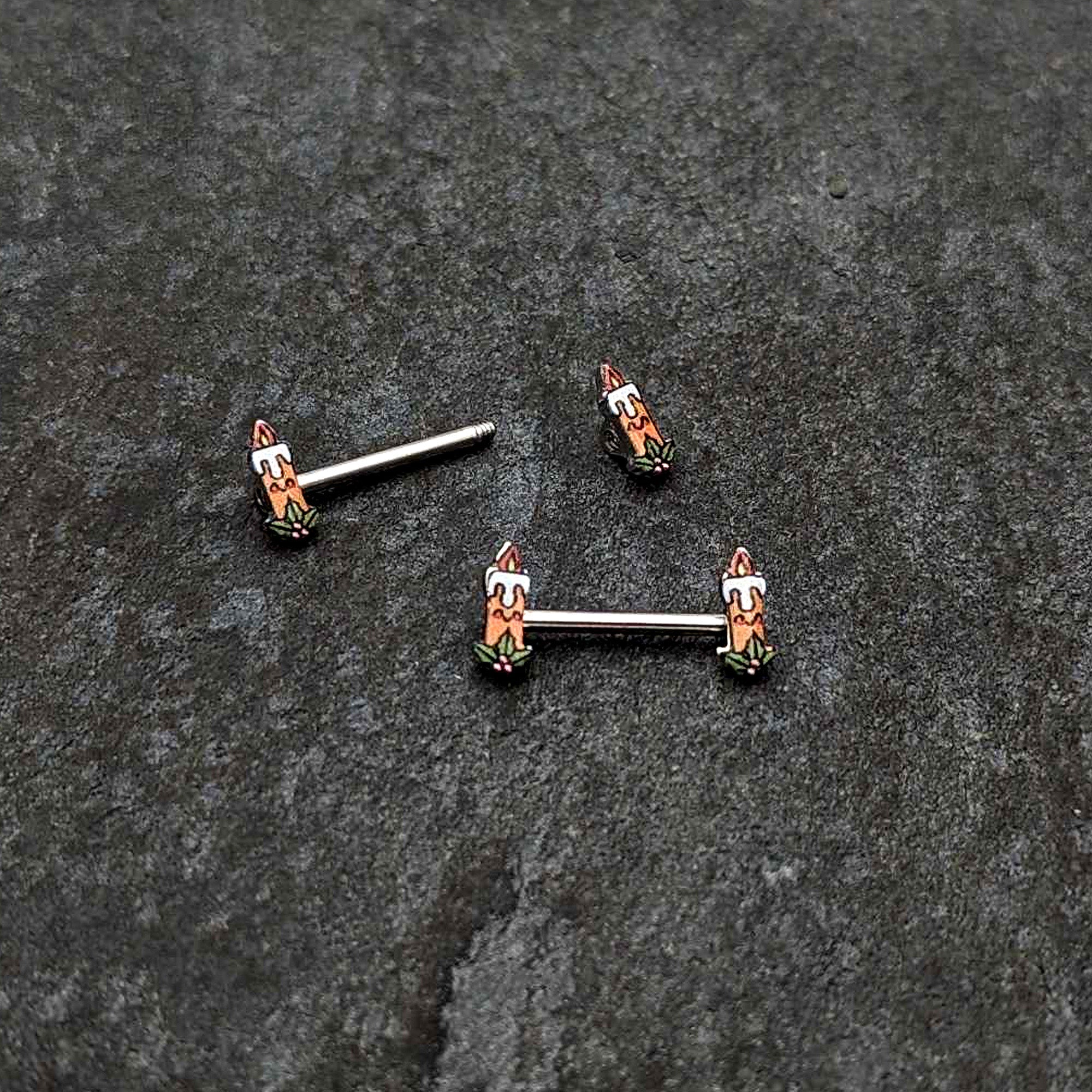 BodyCandy 14G 9/16 Sweet Holiday Christmas Candle Barbell Nipple Ring Set — back view