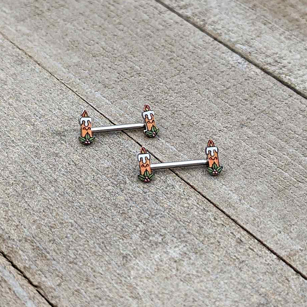 BodyCandy 14G 9/16 Sweet Holiday Christmas Candle Barbell Nipple Ring Set — alternative angle