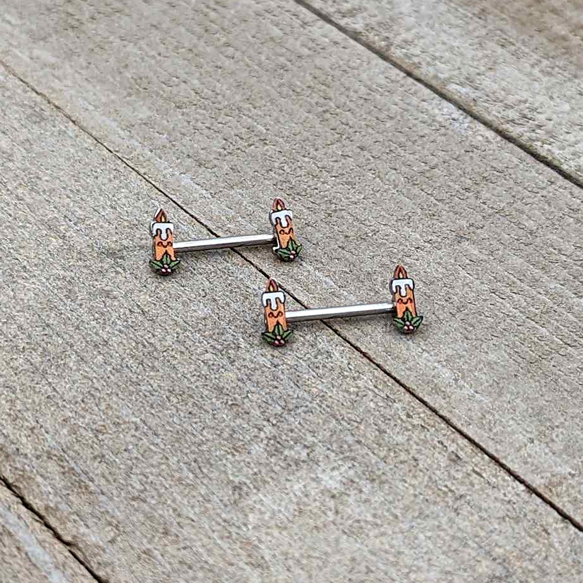BodyCandy 14G 9/16 Sweet Holiday Christmas Candle Barbell Nipple Ring Set — alternative angle