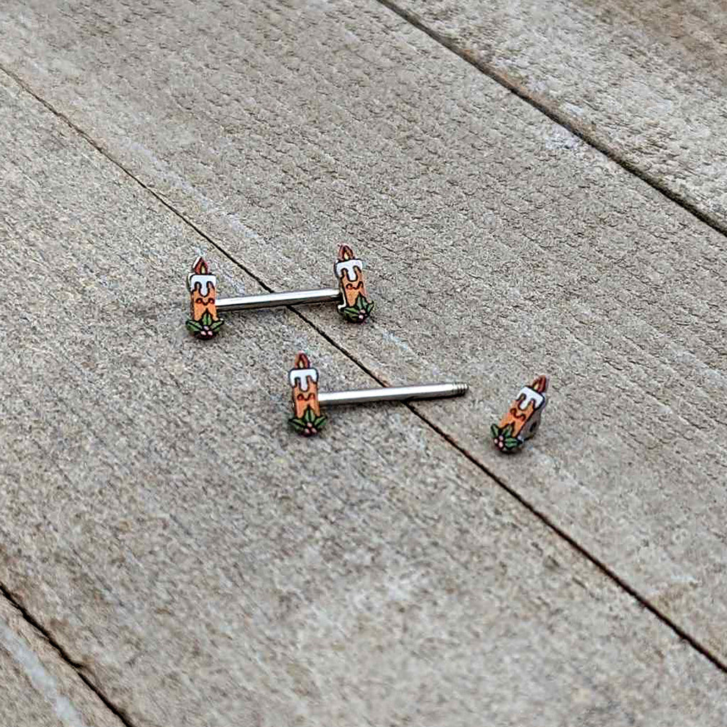 BodyCandy 14G 9/16 Sweet Holiday Christmas Candle Barbell Nipple Ring Set — in-use photo