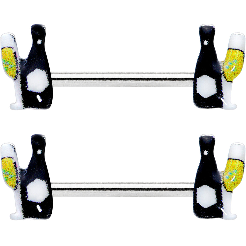 BodyCandy 14G 9/16 Champagne Bottle Flute Yellow Barbell Nipple Ring Set — detail close-up