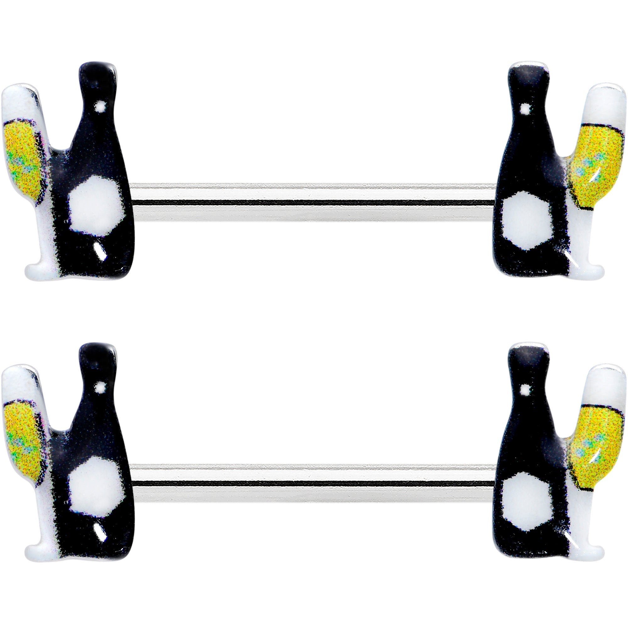 BodyCandy 14G 9/16 Champagne Bottle Flute Yellow Barbell Nipple Ring Set — detail close-up
