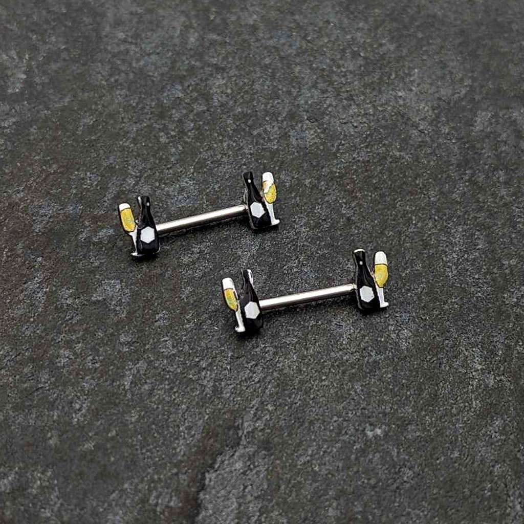 BodyCandy 14G 9/16 Champagne Bottle Flute Yellow Barbell Nipple Ring Set — side view