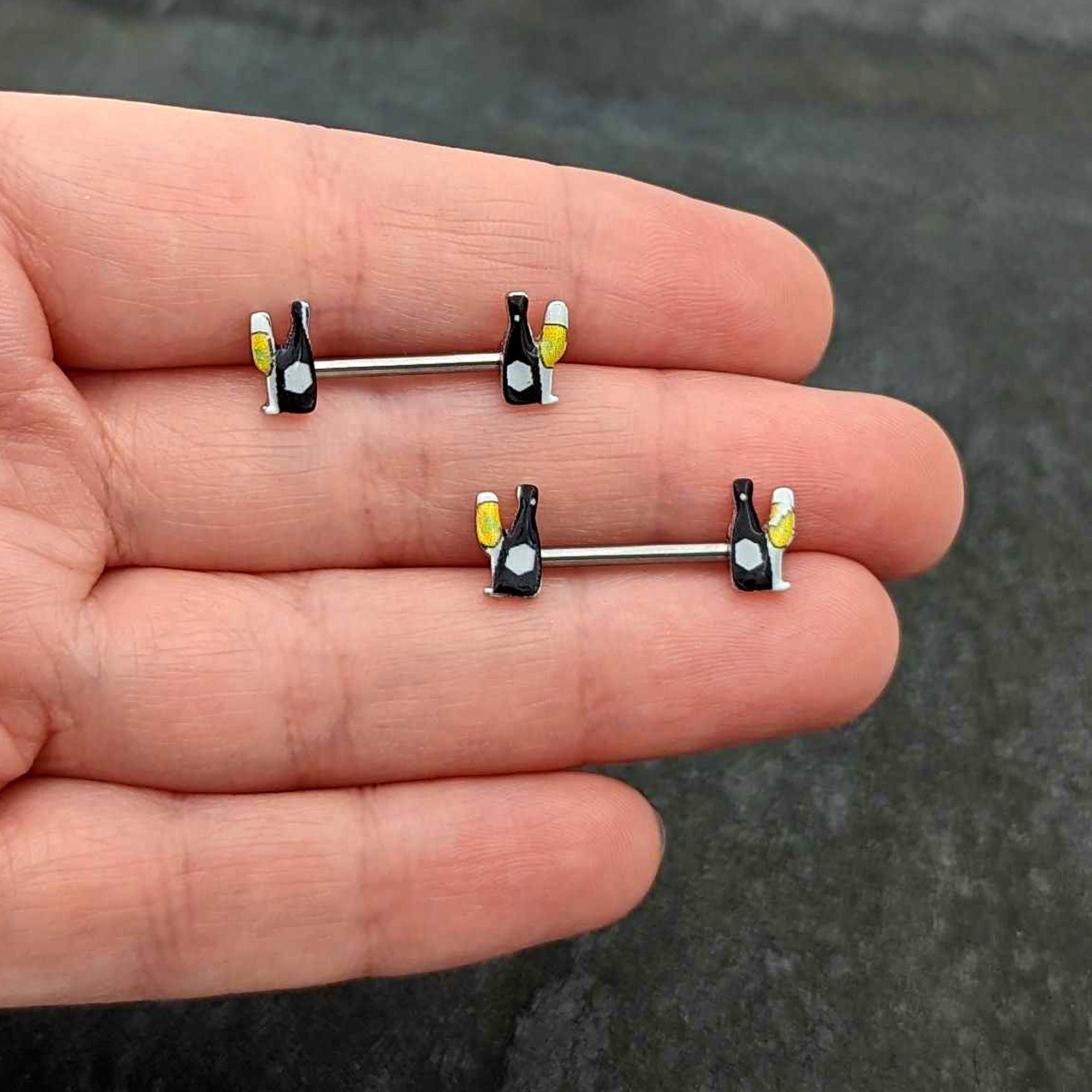 BodyCandy 14G 9/16 Champagne Bottle Flute Yellow Barbell Nipple Ring Set — size reference