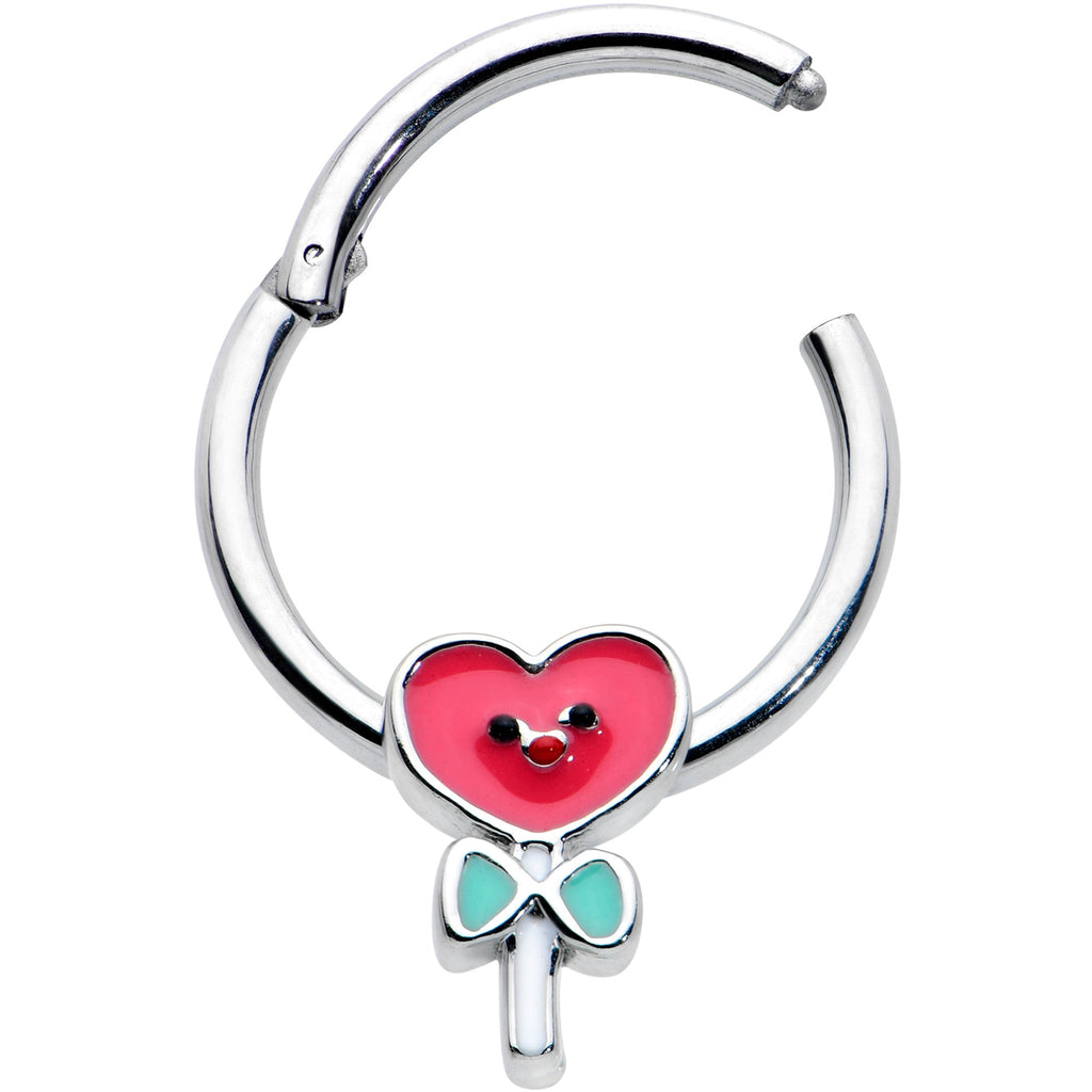 BodyCandy 16G 3/8 Sweet Happy Heart Lollipop Hinged Segment Ring — detail close-up
