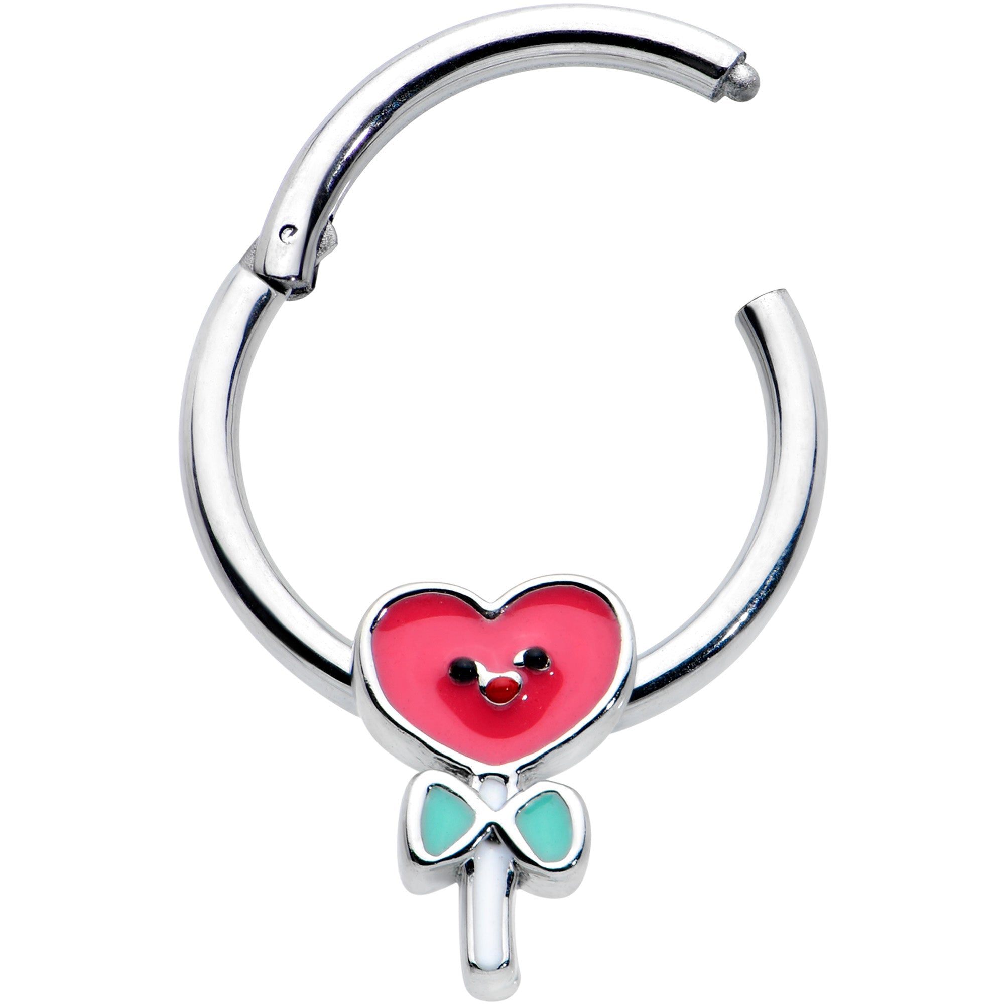 BodyCandy 16G 3/8 Sweet Happy Heart Lollipop Hinged Segment Ring — detail close-up