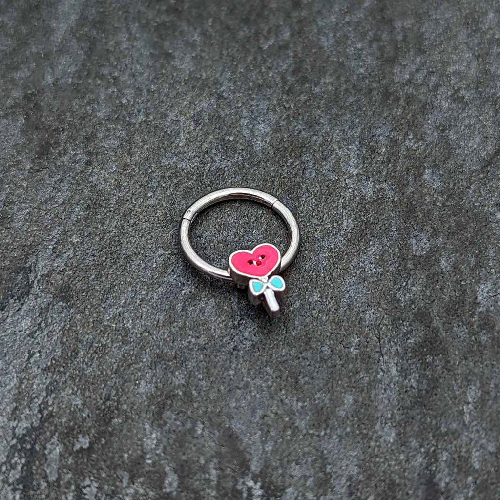 BodyCandy 16G 3/8 Sweet Happy Heart Lollipop Hinged Segment Ring — side view