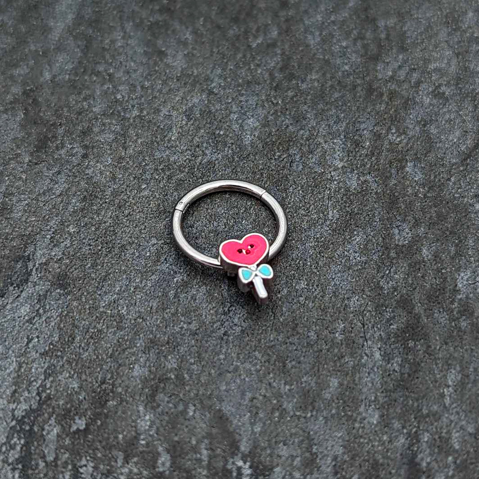 BodyCandy 16G 3/8 Sweet Happy Heart Lollipop Hinged Segment Ring — side view