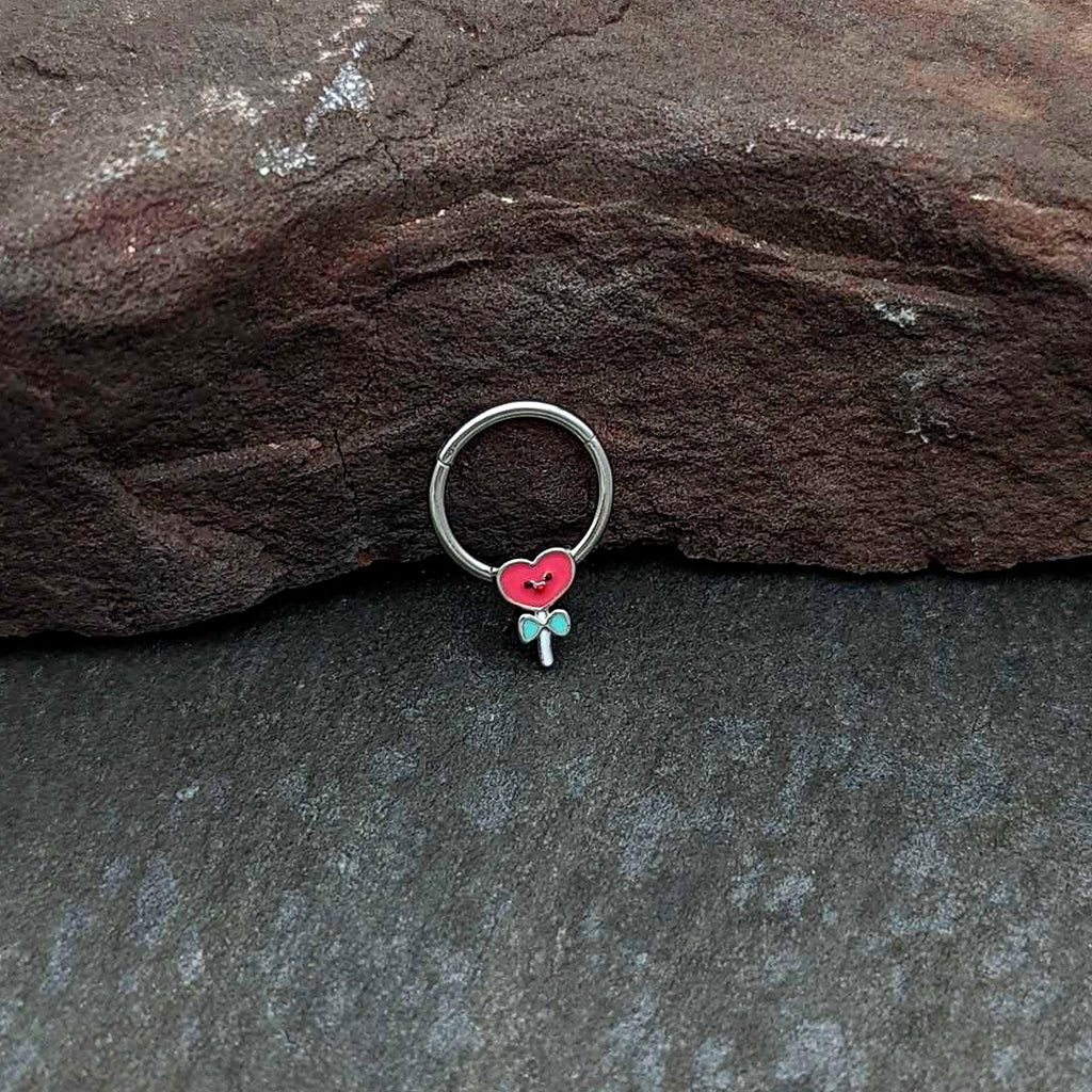 BodyCandy 16G 3/8 Sweet Happy Heart Lollipop Hinged Segment Ring — alternative angle