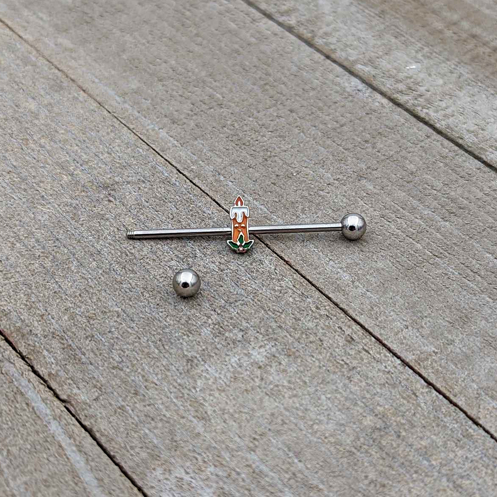 BodyCandy 14G Sweet Christmas Holiday Candle Industrial Barbell 38mm — in-use photo