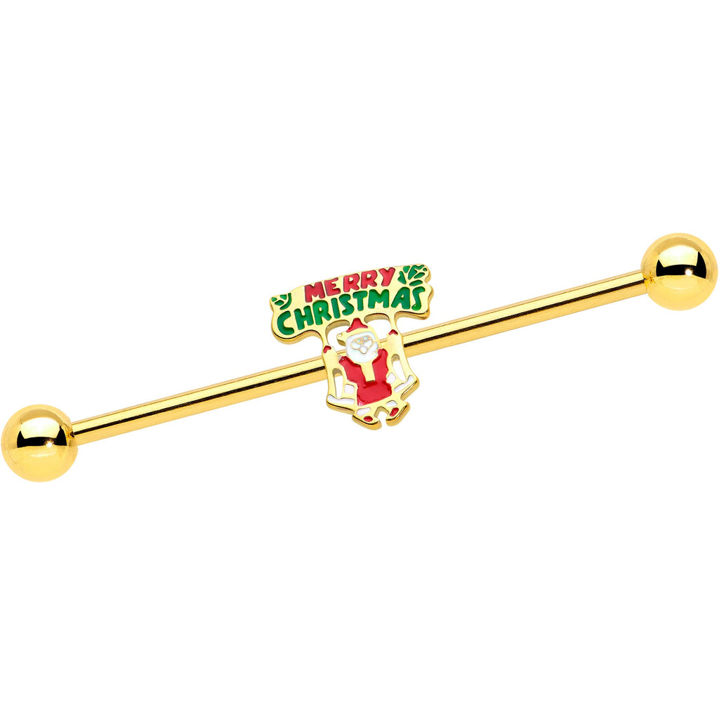BodyCandy 14G Gold Hue Merry Christmas Santa Inlaid Industrial Barbell 38mm — main product shot