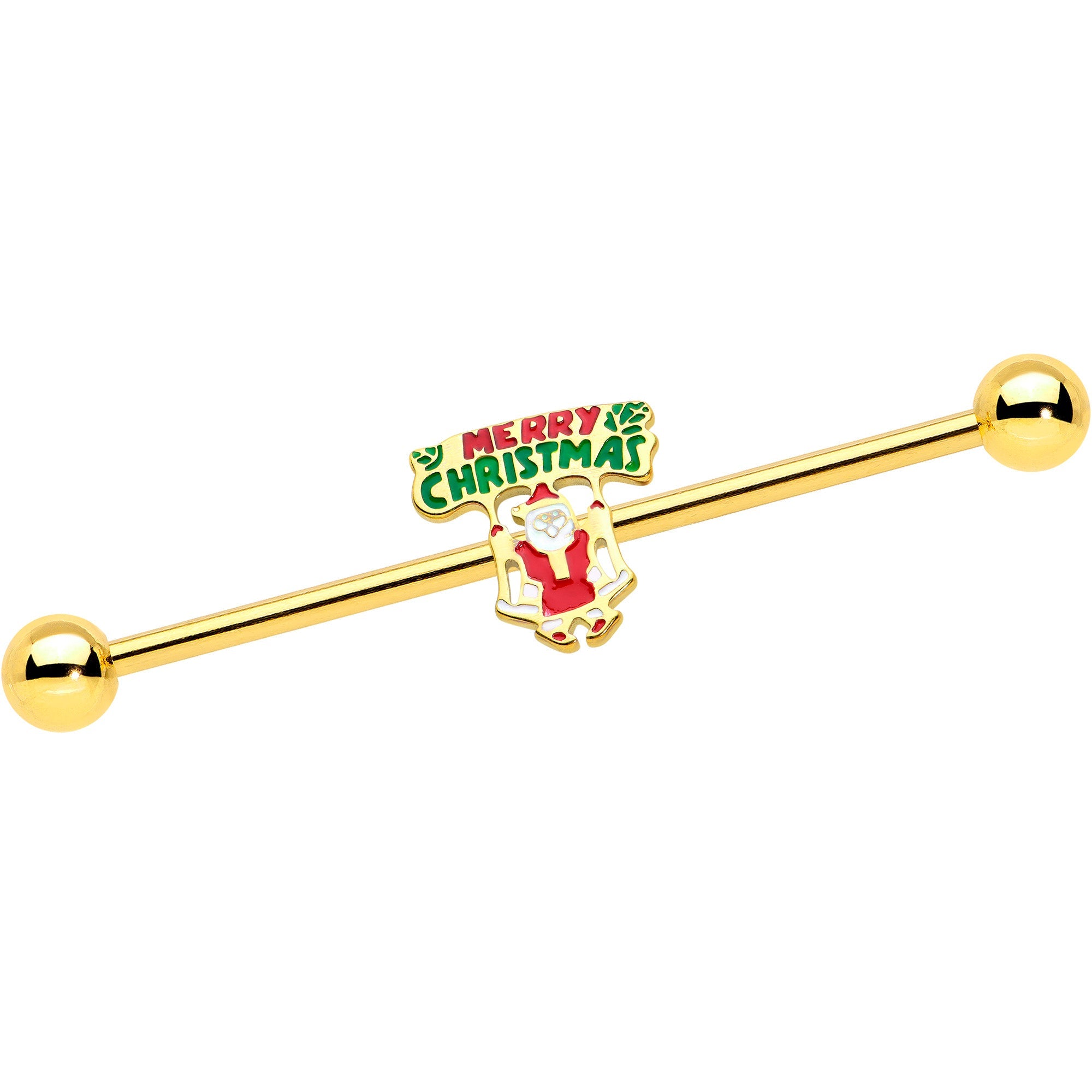 BodyCandy 14G Gold Hue Merry Christmas Santa Inlaid Industrial Barbell 38mm — main product shot