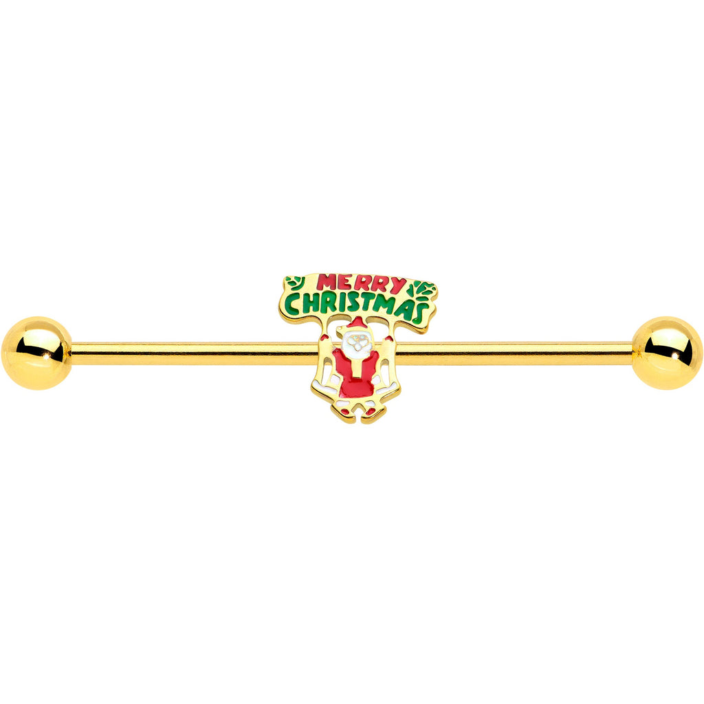 BodyCandy 14G Gold Hue Merry Christmas Santa Inlaid Industrial Barbell 38mm — detail close-up