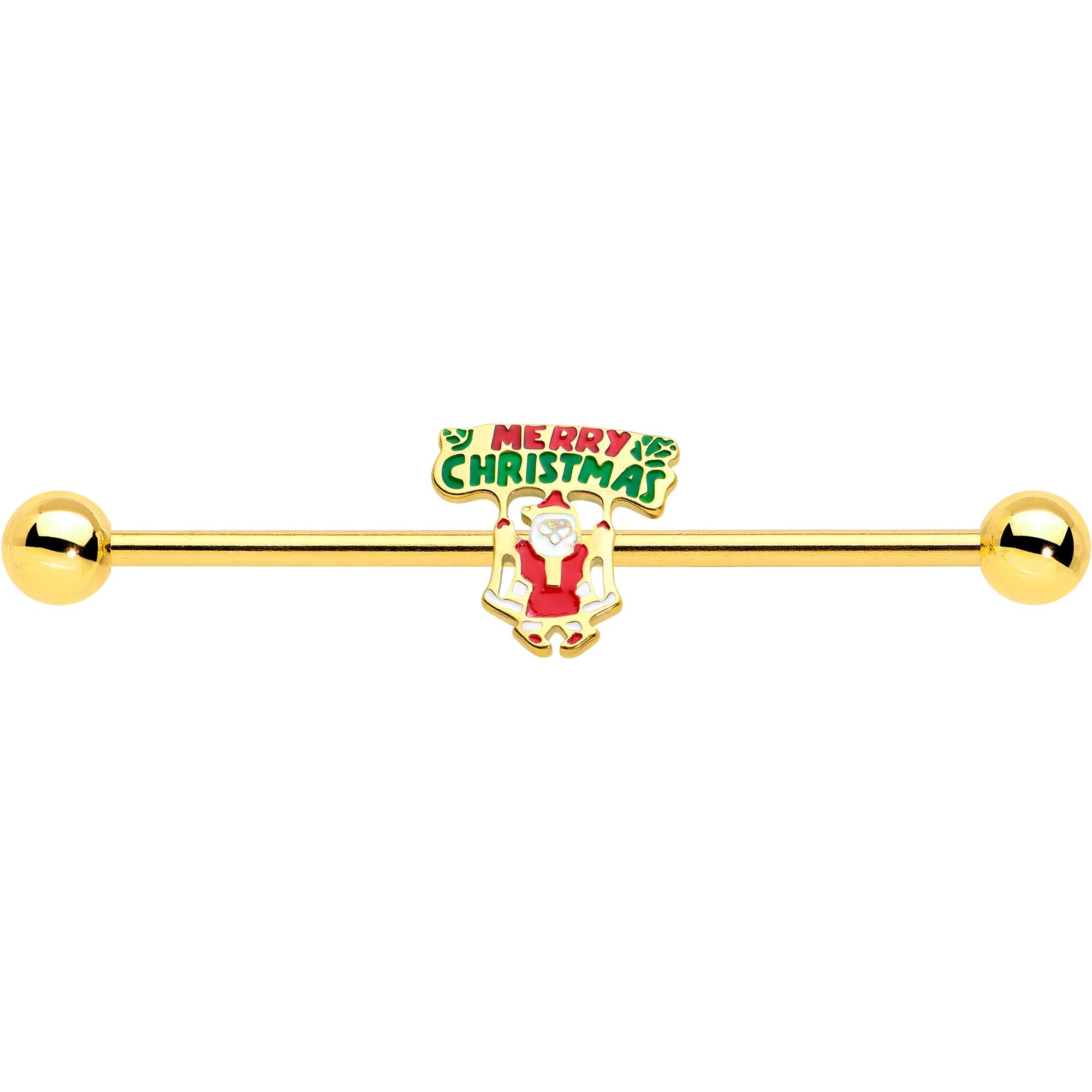 BodyCandy 14G Gold Hue Merry Christmas Santa Inlaid Industrial Barbell 38mm — detail close-up