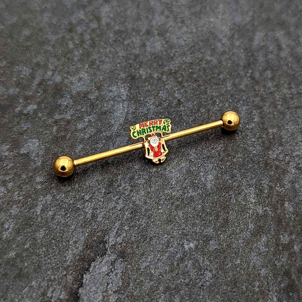 BodyCandy 14G Gold Hue Merry Christmas Santa Inlaid Industrial Barbell 38mm — side view