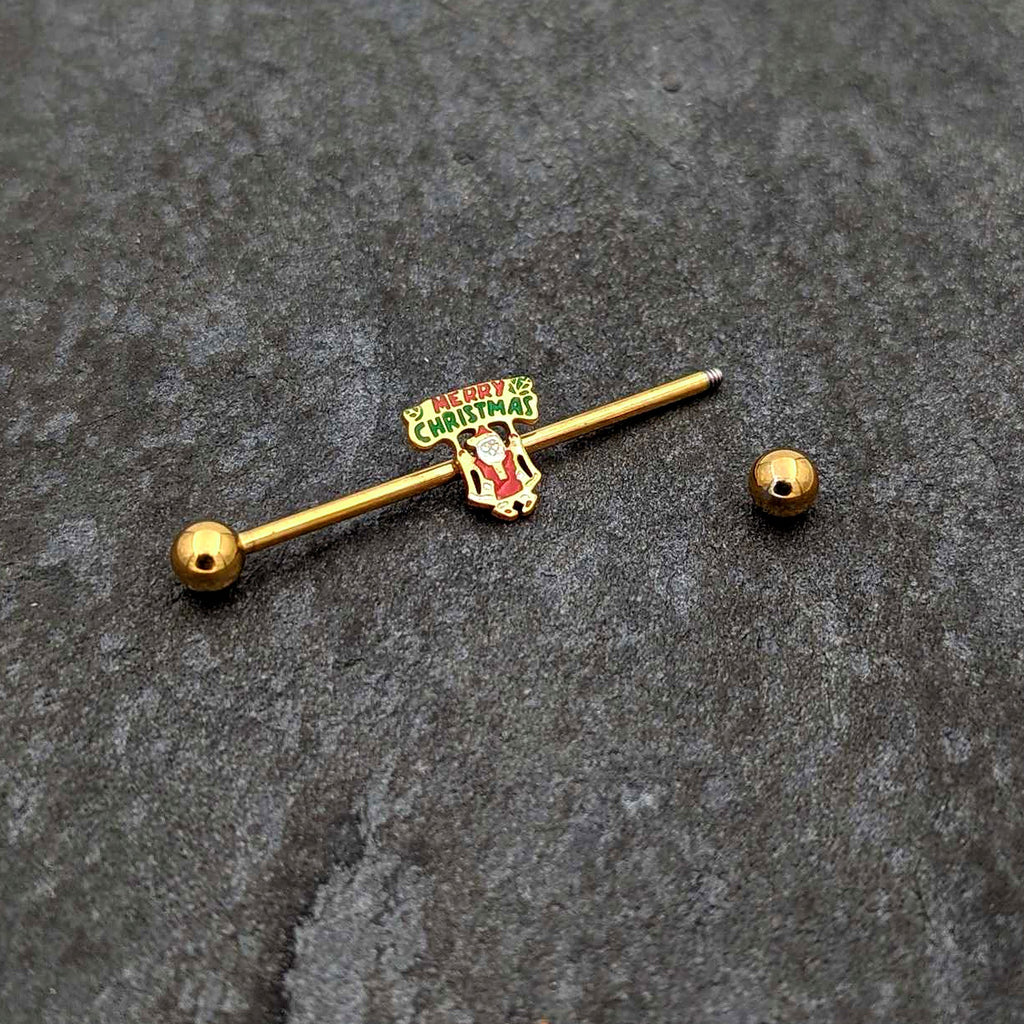 BodyCandy 14G Gold Hue Merry Christmas Santa Inlaid Industrial Barbell 38mm — back view