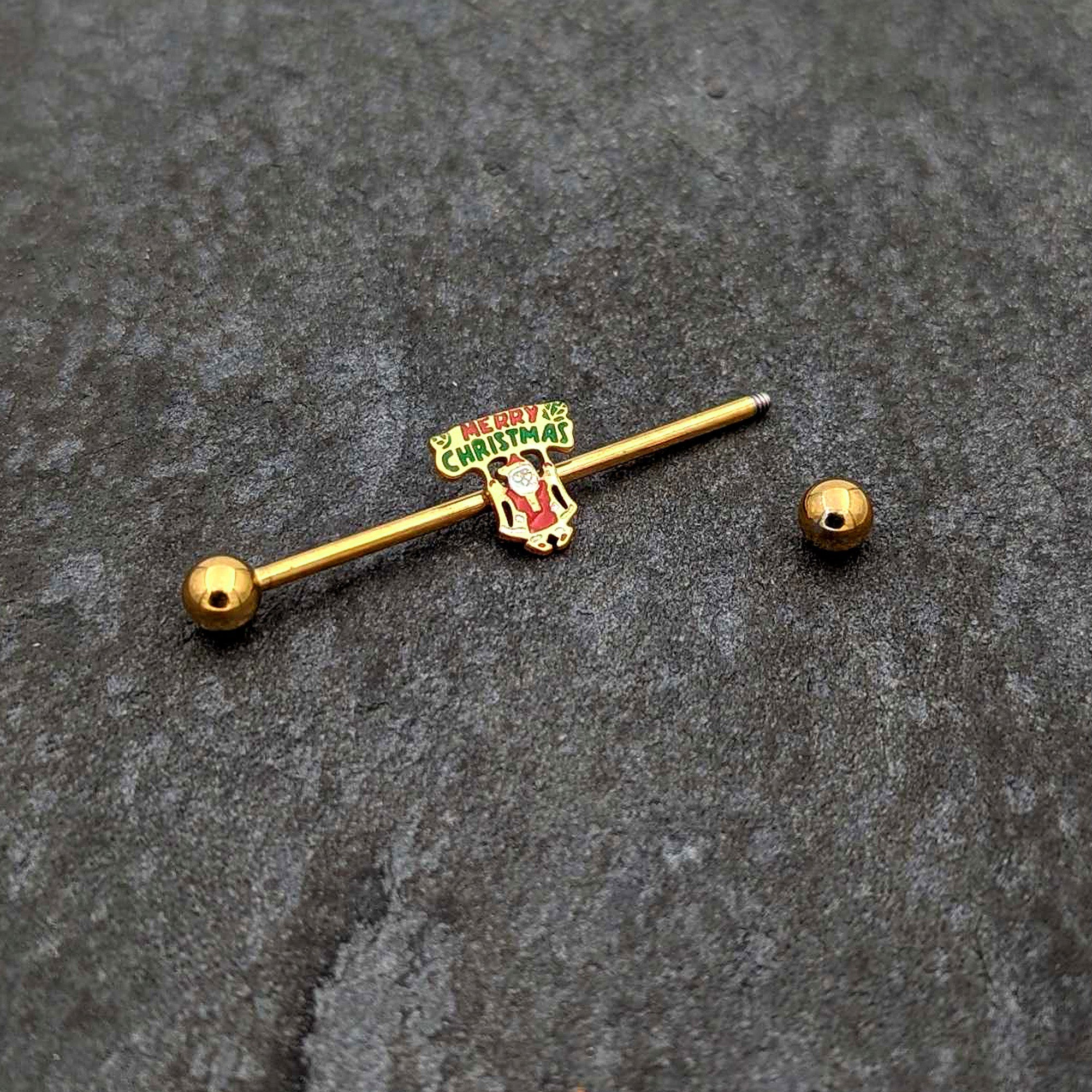 BodyCandy 14G Gold Hue Merry Christmas Santa Inlaid Industrial Barbell 38mm — back view