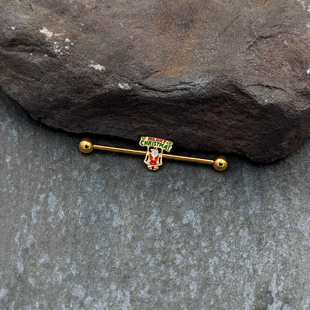 BodyCandy 14G Gold Hue Merry Christmas Santa Inlaid Industrial Barbell 38mm — alternative angle