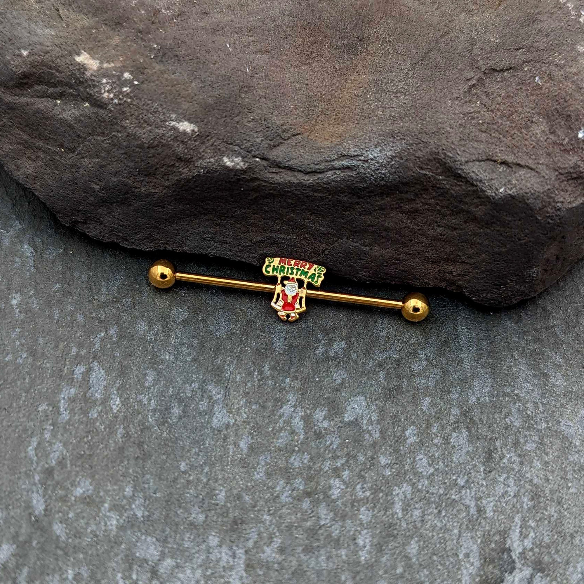 BodyCandy 14G Gold Hue Merry Christmas Santa Inlaid Industrial Barbell 38mm — alternative angle