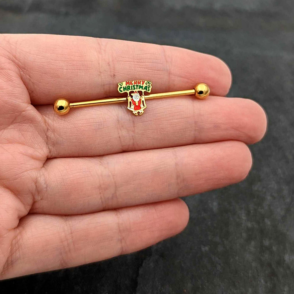 BodyCandy 14G Gold Hue Merry Christmas Santa Inlaid Industrial Barbell 38mm — size reference