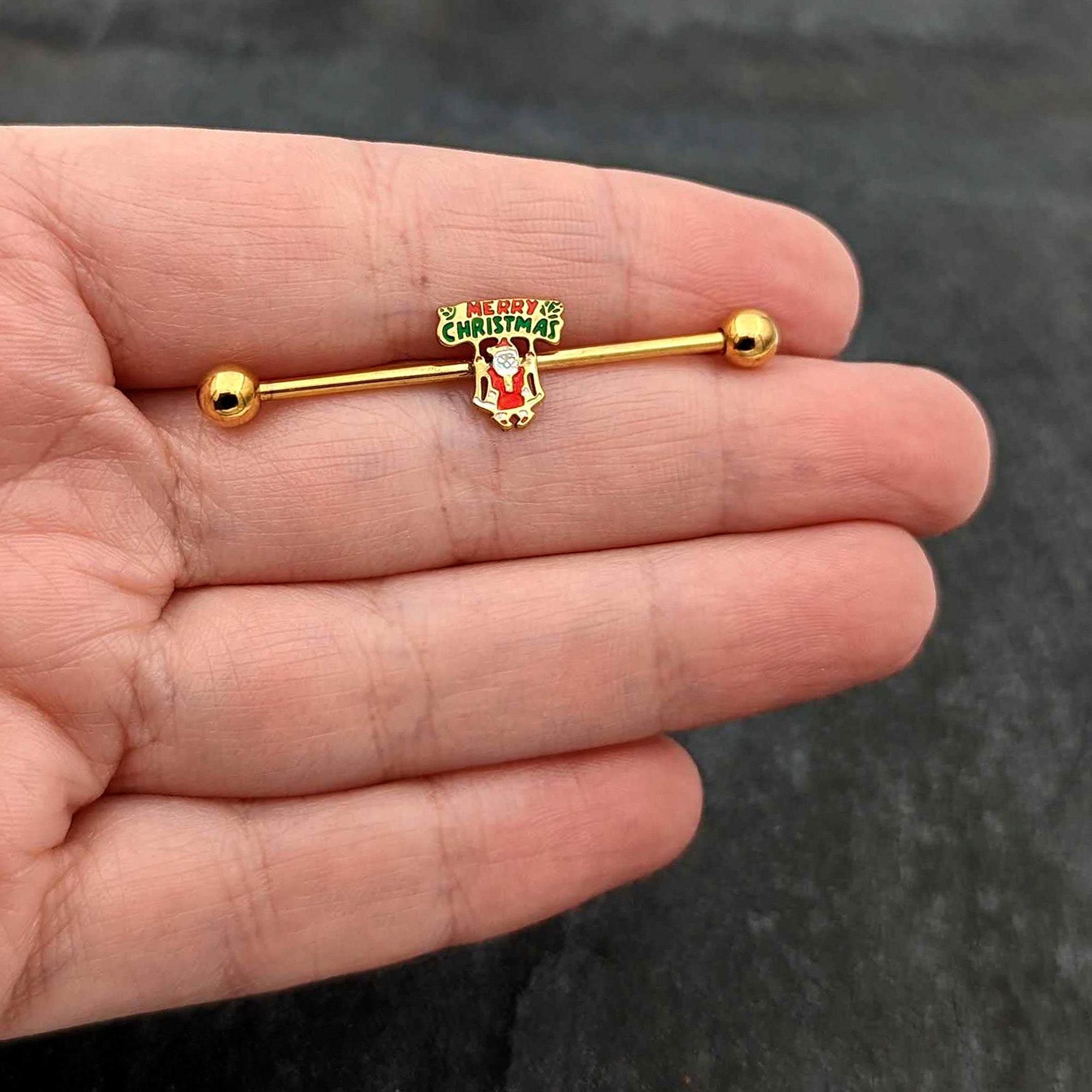BodyCandy 14G Gold Hue Merry Christmas Santa Inlaid Industrial Barbell 38mm — size reference