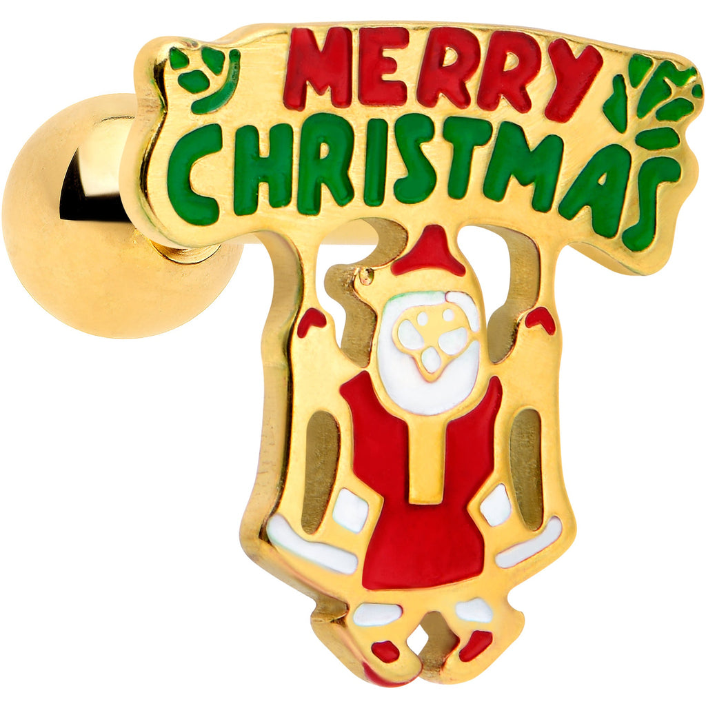BodyCandy 16G 1/4 Gold Tone Merry Christmas Santa Inlay Cartilage Earring — main product shot