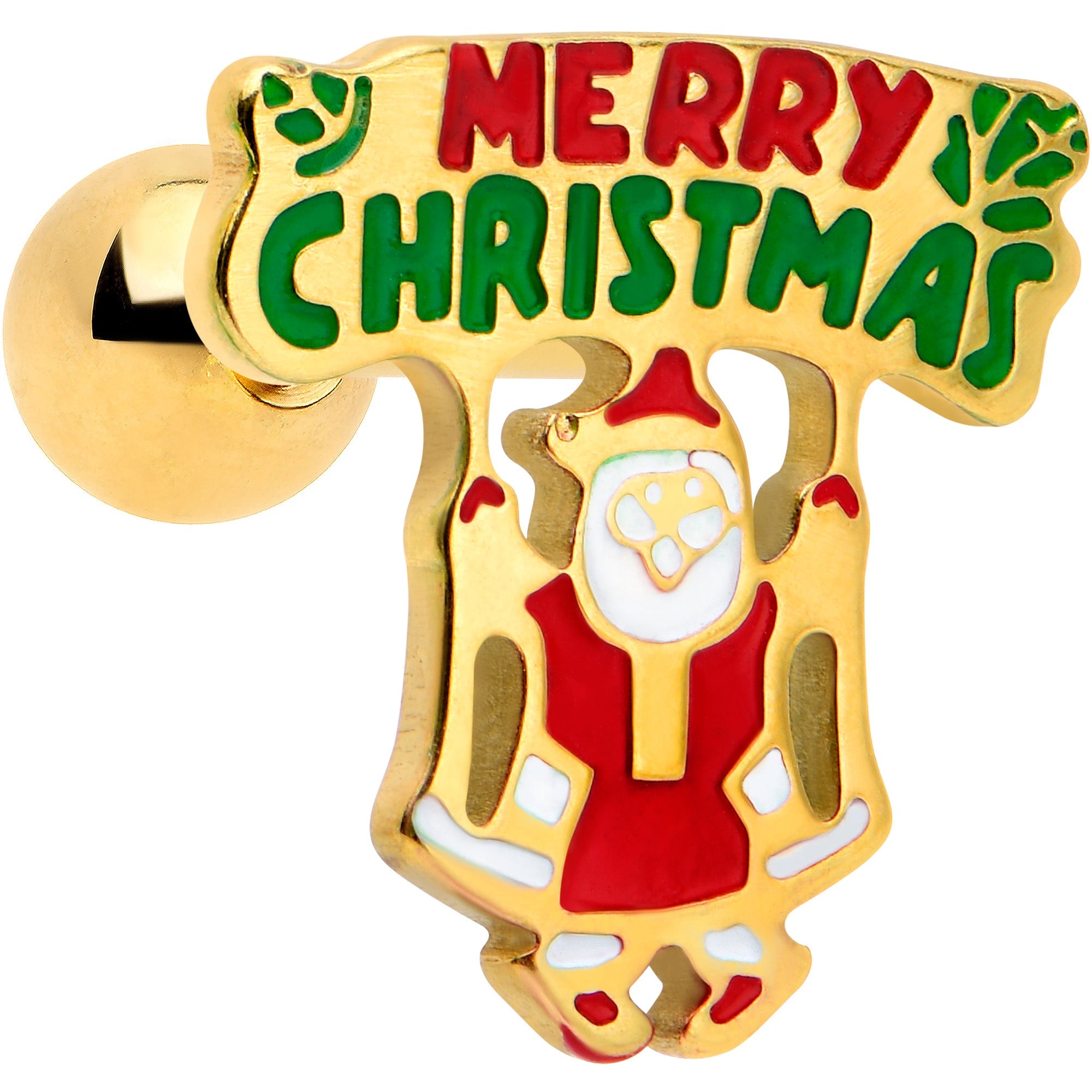 BodyCandy 16G 1/4 Gold Tone Merry Christmas Santa Inlay Cartilage Earring — main product shot