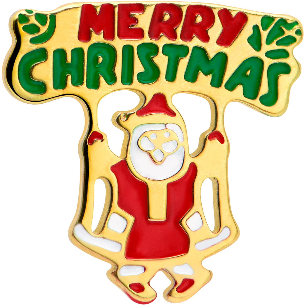 BodyCandy 16G 1/4 Gold Tone Merry Christmas Santa Inlay Cartilage Earring — detail close-up