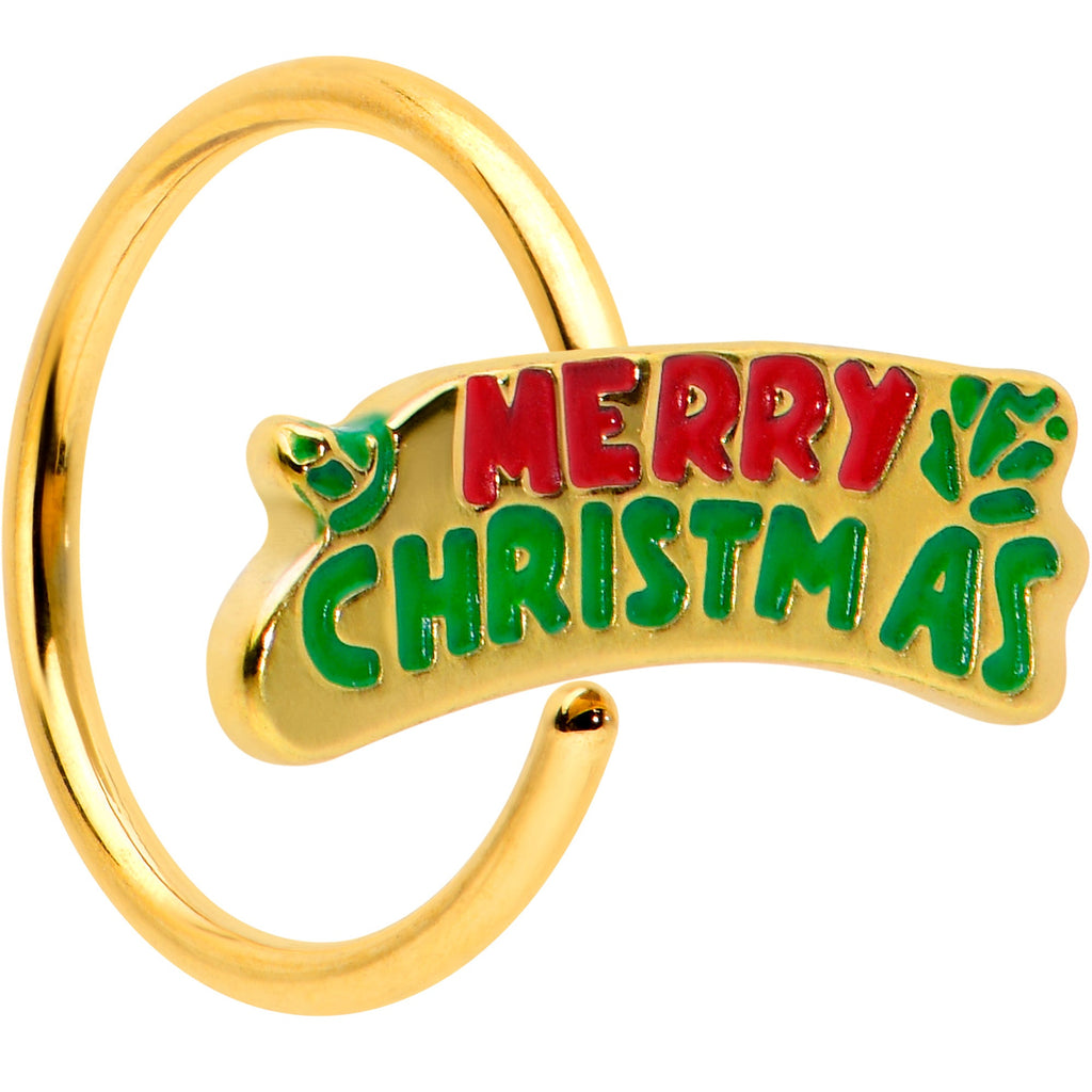 BodyCandy 20G 5/16 Gold Tone Merry Christmas Inlaid Nose Hoop — main product shot