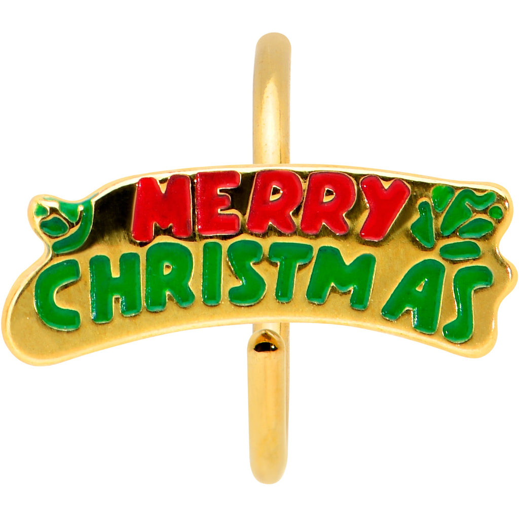 BodyCandy 20G 5/16 Gold Tone Merry Christmas Inlaid Nose Hoop — detail close-up