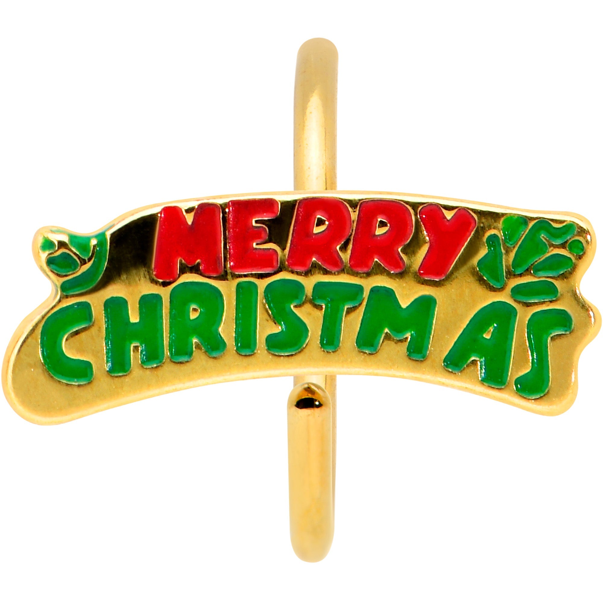 BodyCandy 20G 5/16 Gold Tone Merry Christmas Inlaid Nose Hoop — detail close-up