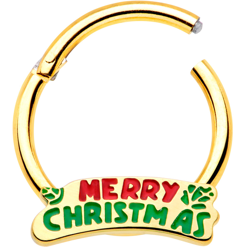 BodyCandy 16G 3/8 Gold Tone Merry Christmas Inlay Hinged Segment Ring — detail close-up