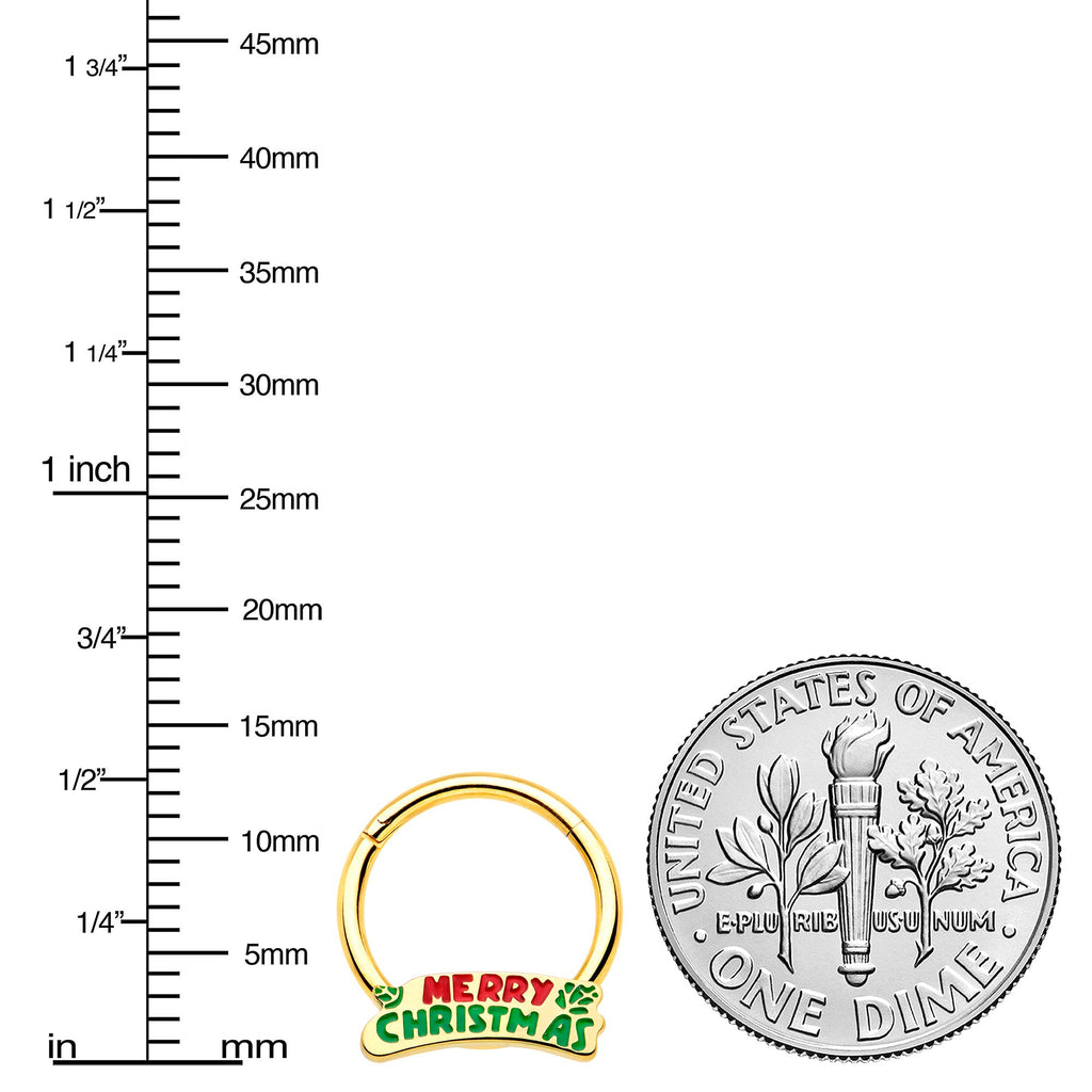 BodyCandy 16G 3/8 Gold Tone Merry Christmas Inlay Hinged Segment Ring — lifestyle context