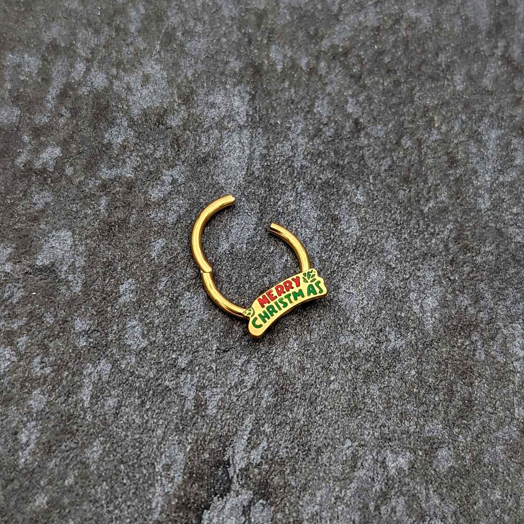 BodyCandy 16G 3/8 Gold Tone Merry Christmas Inlay Hinged Segment Ring — back view