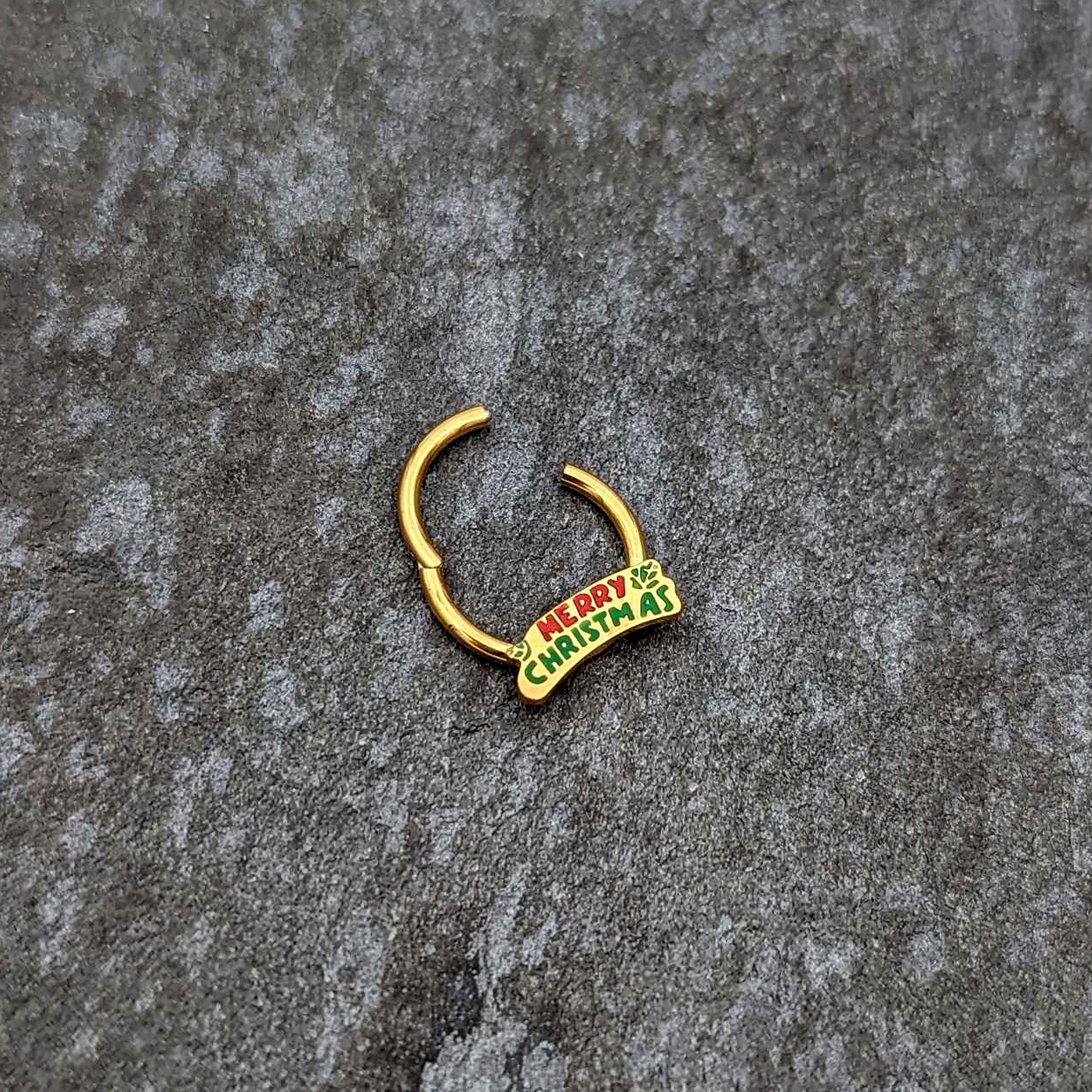 BodyCandy 16G 3/8 Gold Tone Merry Christmas Inlay Hinged Segment Ring — back view