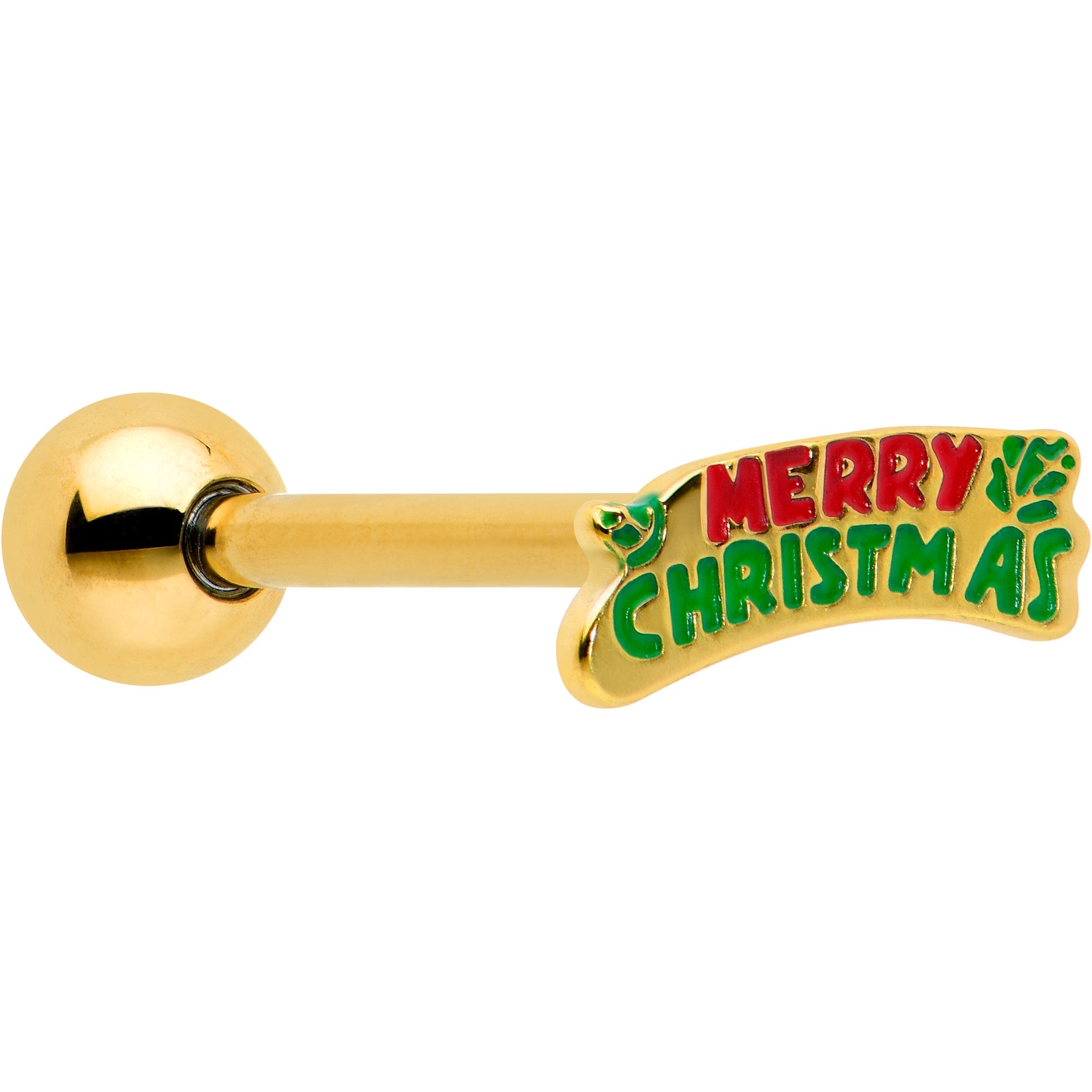 BodyCandy Gold Tone Merry Christmas Inlaid Red Green Barbell Tongue Ring — main product shot