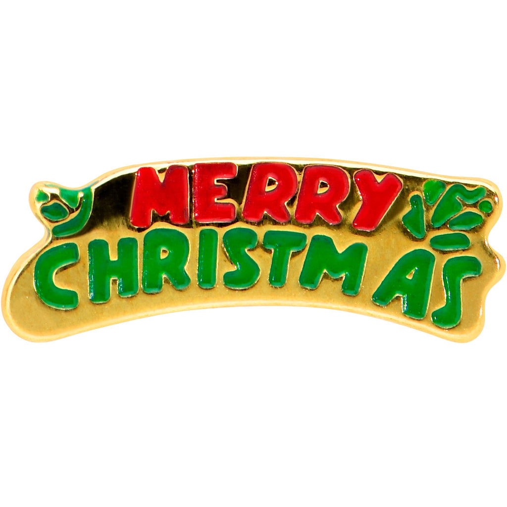 BodyCandy Gold Tone Merry Christmas Inlaid Red Green Barbell Tongue Ring — detail close-up