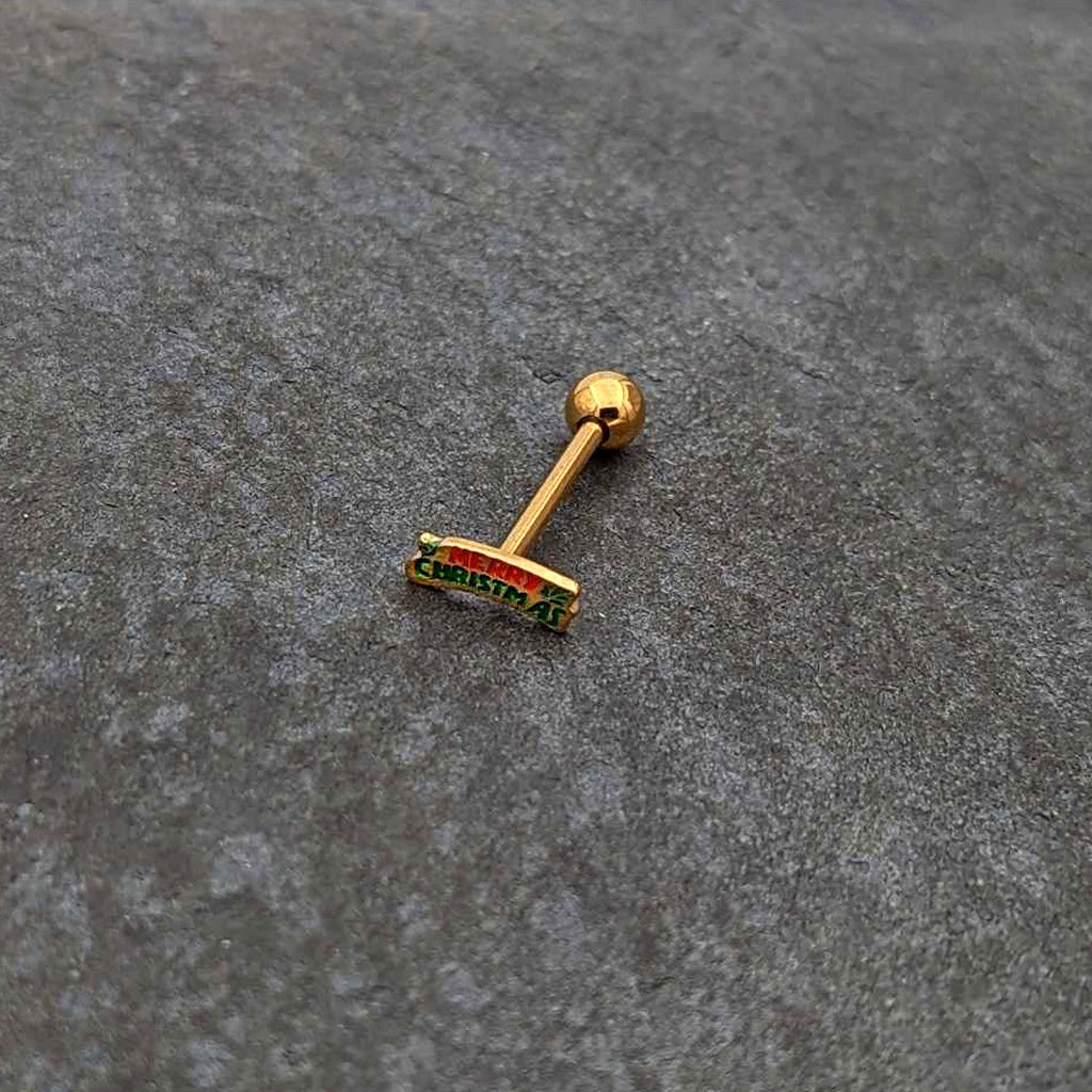 BodyCandy Gold Tone Merry Christmas Inlaid Red Green Barbell Tongue Ring — alternative angle