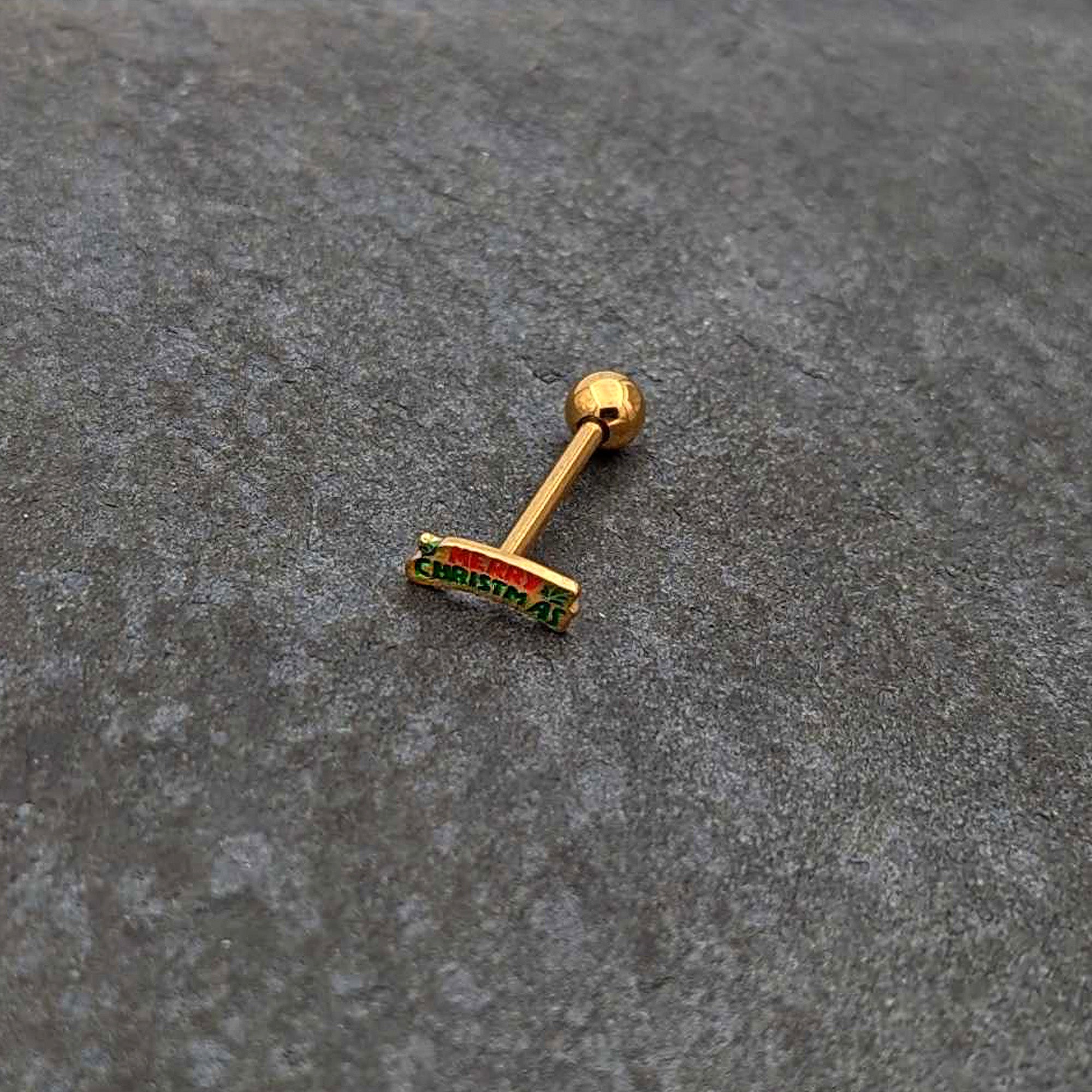 BodyCandy Gold Tone Merry Christmas Inlaid Red Green Barbell Tongue Ring — alternative angle
