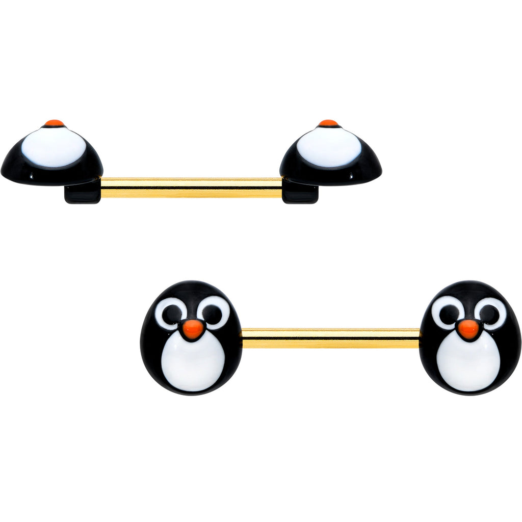 BodyCandy 14G 9/16 Gold Tone Round Penguin Face Barbell Nipple Ring Set — detail close-up