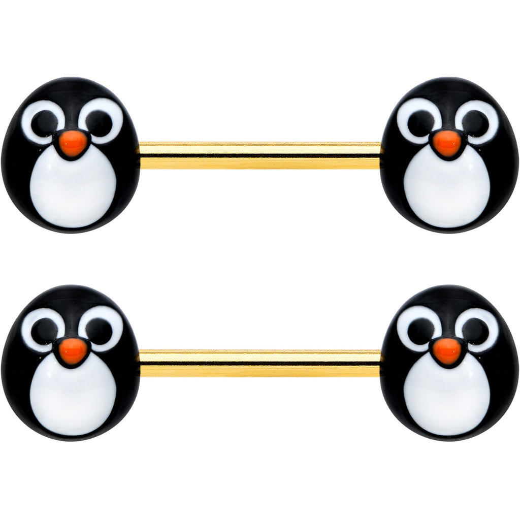 BodyCandy 14G 9/16 Gold Tone Round Penguin Face Barbell Nipple Ring Set — lifestyle context