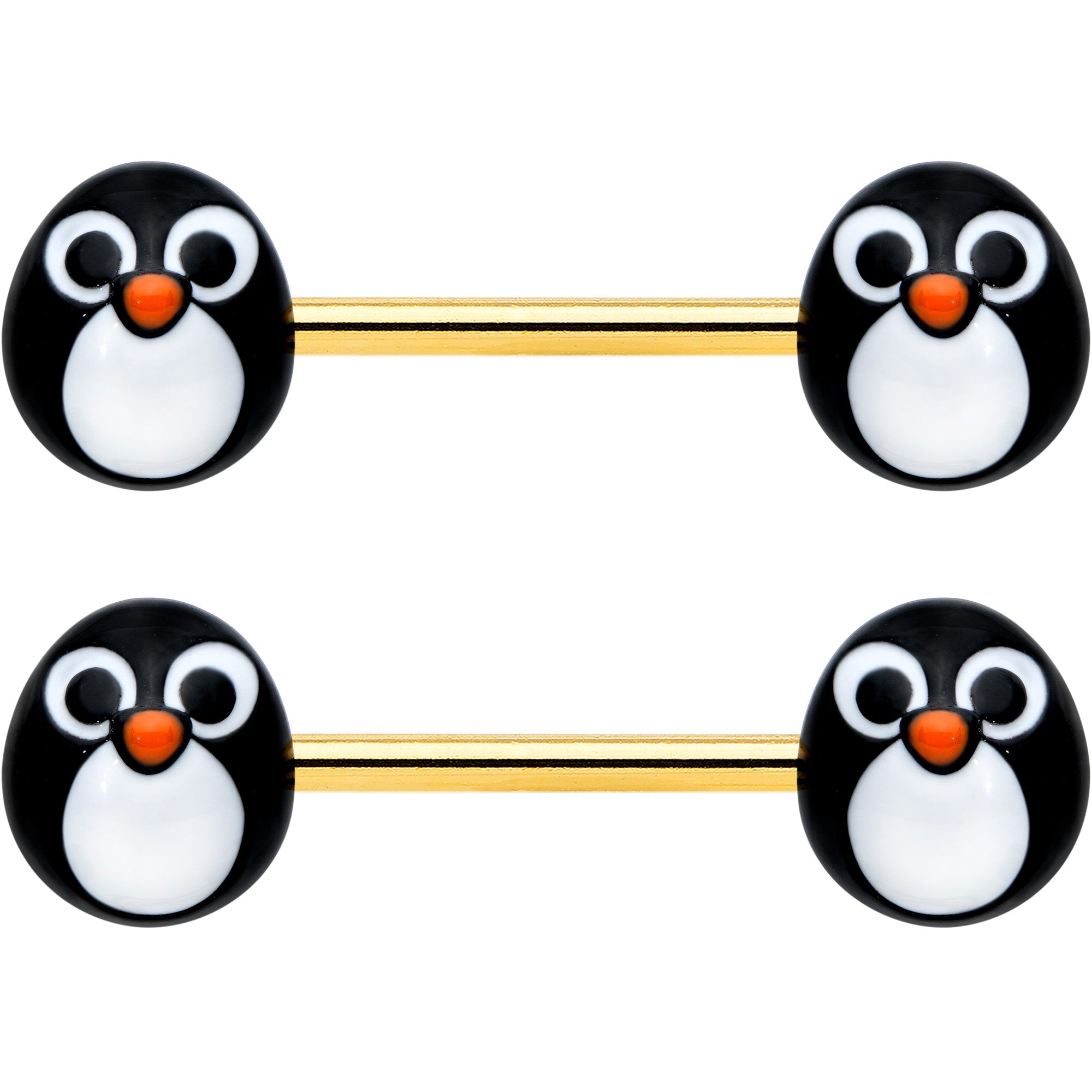 BodyCandy 14G 9/16 Gold Tone Round Penguin Face Barbell Nipple Ring Set — lifestyle context