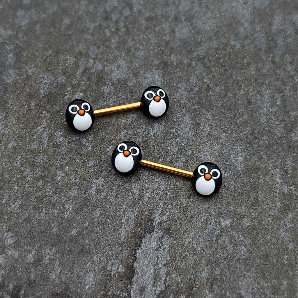 BodyCandy 14G 9/16 Gold Tone Round Penguin Face Barbell Nipple Ring Set — back view