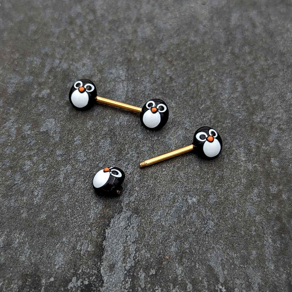 BodyCandy 14G 9/16 Gold Tone Round Penguin Face Barbell Nipple Ring Set — alternative angle
