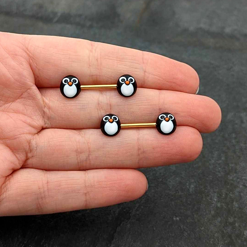 BodyCandy 14G 9/16 Gold Tone Round Penguin Face Barbell Nipple Ring Set — size reference